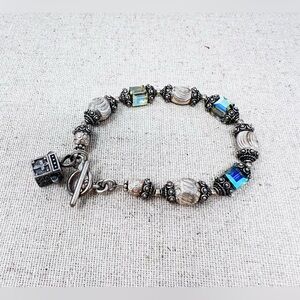 Sterling Silver Faceted Crystal & Textured Beaded Charm Toggle Clasp Bracelet